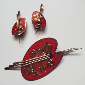 Vintage MATISSE 1950s Painter's Palette Enamel & Copper Jewelry Brooch Earrings